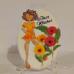 Girl With Flowers. Handcrafted. Yellow & Orange. 5x7 Oval